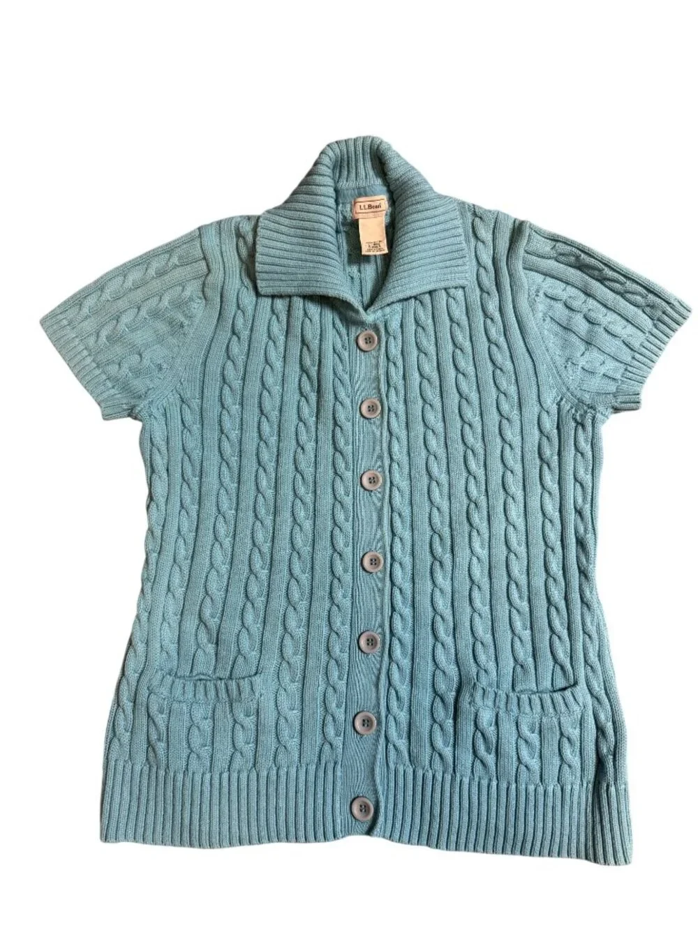 L.L.Bean Blue Cable Knit Cardigan Sweater Short Sleeve Women’s L - Picture 1 of 5